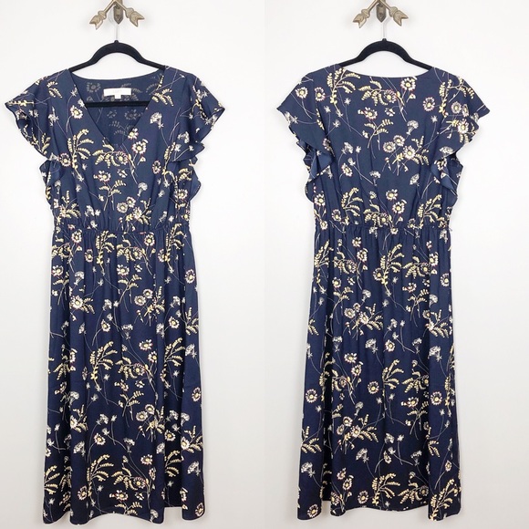 LOFT Dresses & Skirts - Loft Floral Flutter Sleeve Navy Midi Dress Sz M